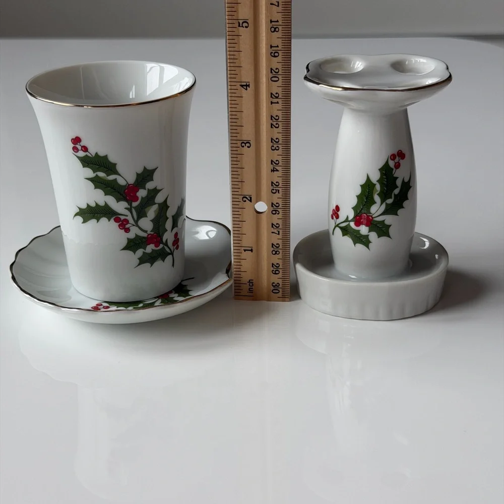 Porcelain Holly Bath Accessory Set - Toothbrush Holder ,Soap Dish & Tumbler Cup